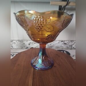 Vintage Amber Marigold Carnival Glass Compote Pedestal Bowl Grapes Leaves